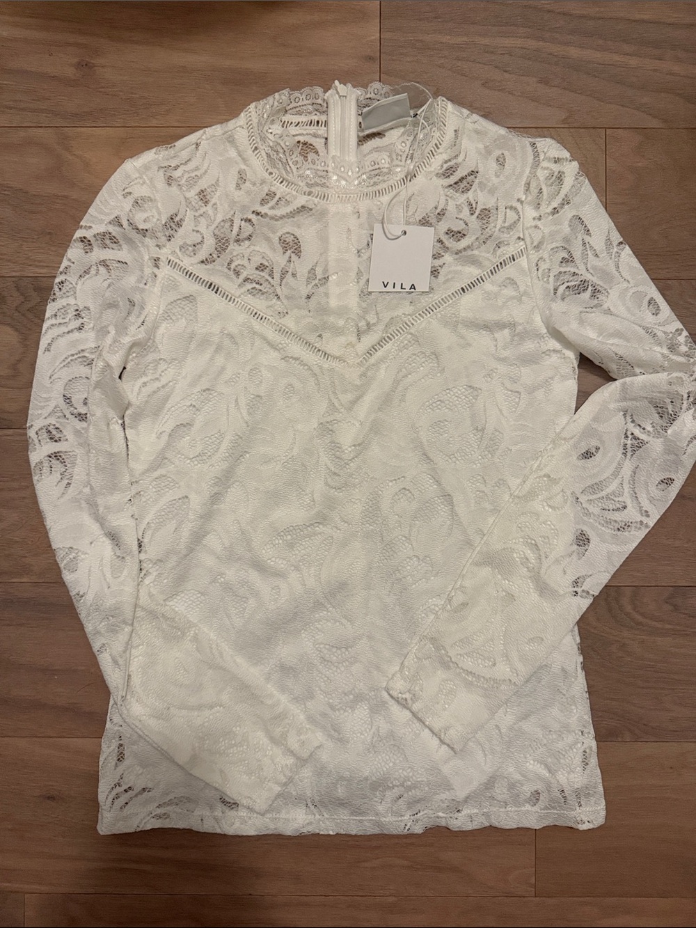 VILA White Lace Long-Sleeve Sheer Top